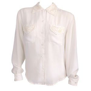 VINTAGE 90s Y2K Pearl Detail Cream Button Up Blouse
